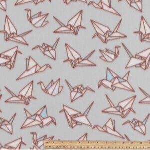 Fleece Fabric Origami Crane Patterned Fabric - Gray and Pink